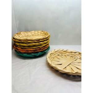 Vintage Multicolored Woven Bamboo Wicker 1980s Paper Plate Holder Set 8